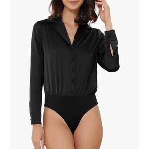 Satin Business Bodysuit for Women Long Sleeve Notched Lapel Button Down Shirt M